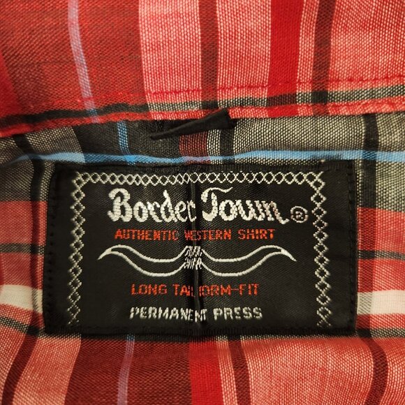 Border Town Pearl Snap Shirt Western Mens Medium Red Black Plaid Vintage - Picture 13 of 15